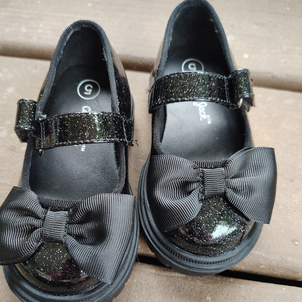 Cat & Jack Toddler Girls Black Glitter Mary Jane Shoes with Bow Size 5 Lug Sole